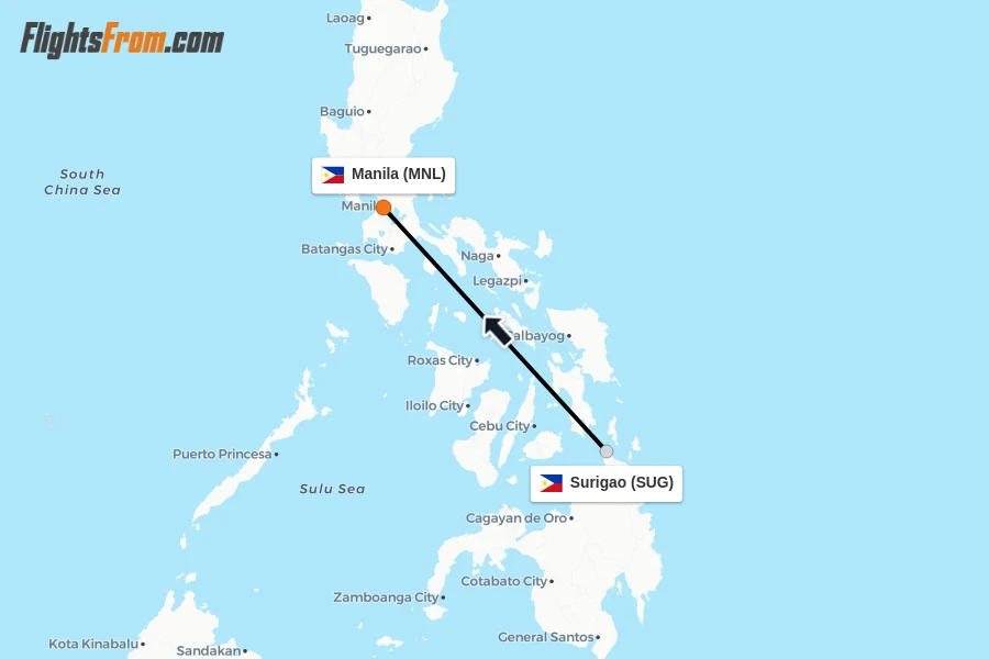 Flights from Surigao to Manila route map