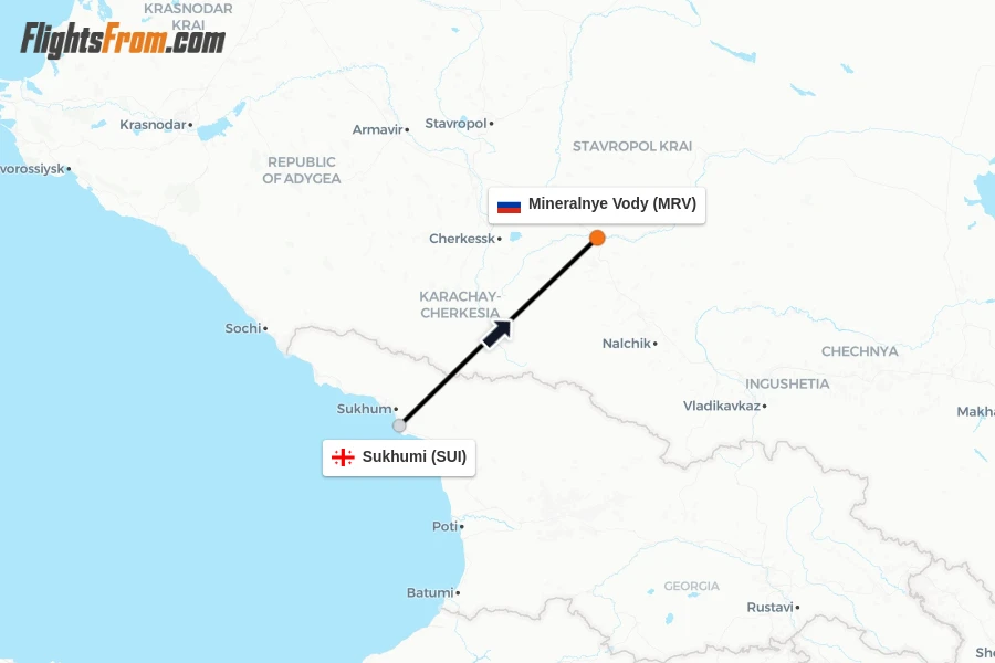Flights from Sukhumi to Mineralnye Vody route map