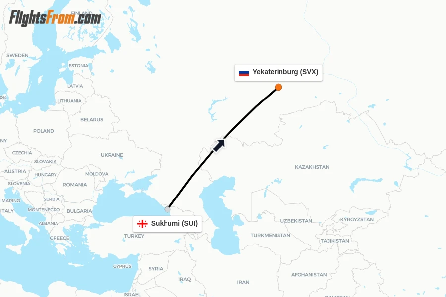 Flights from Sukhumi to Yekaterinburg route map