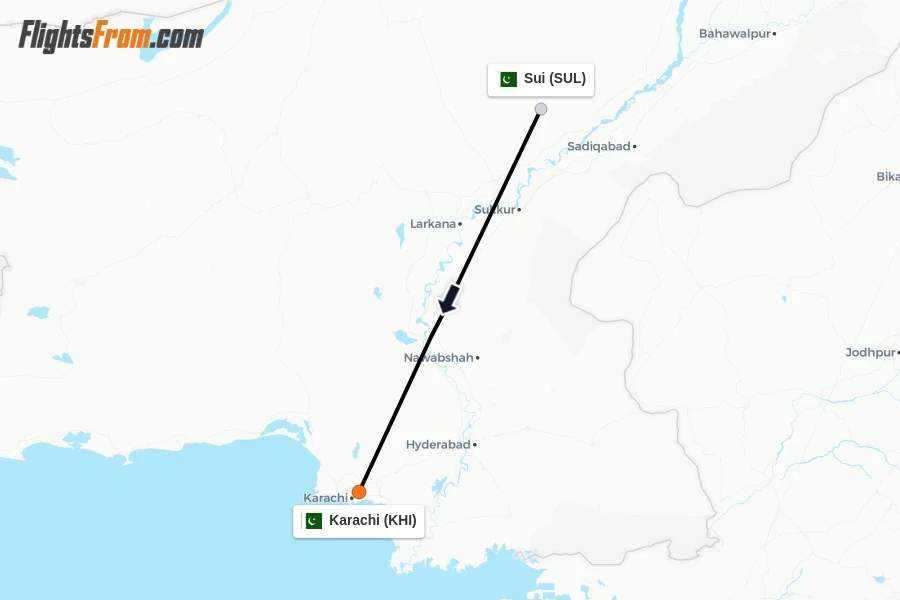 Flights from Sui to Karachi route map