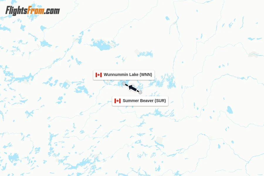 Flights from Summer Beaver to Wunnummin Lake route map