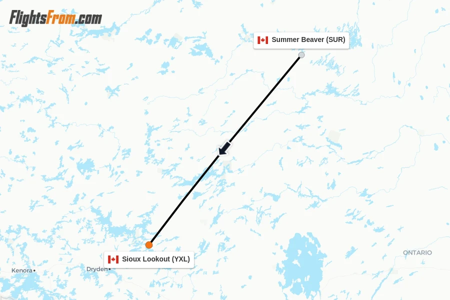 Flights from Summer Beaver to Sioux Lookout route map