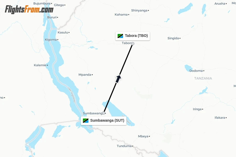 Flights from Sumbawanga to Tabora route map