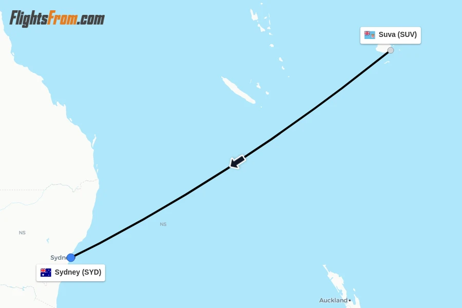 Flights from Suva to Sydney route map