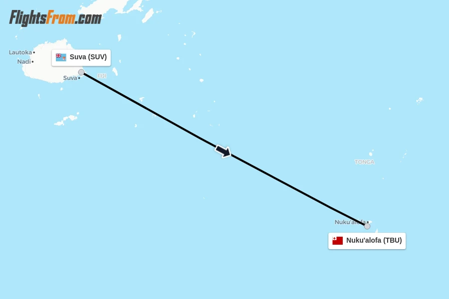 Flights from Suva to Nuku'alofa route map