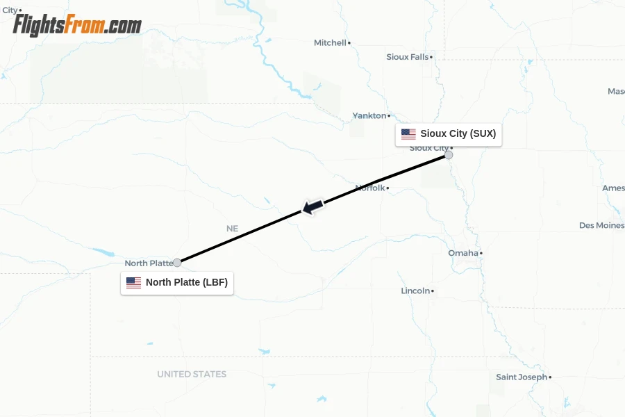Flights from Sioux City to North Platte route map