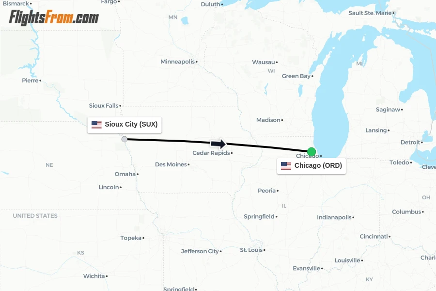 Flights from Sioux City to Chicago route map