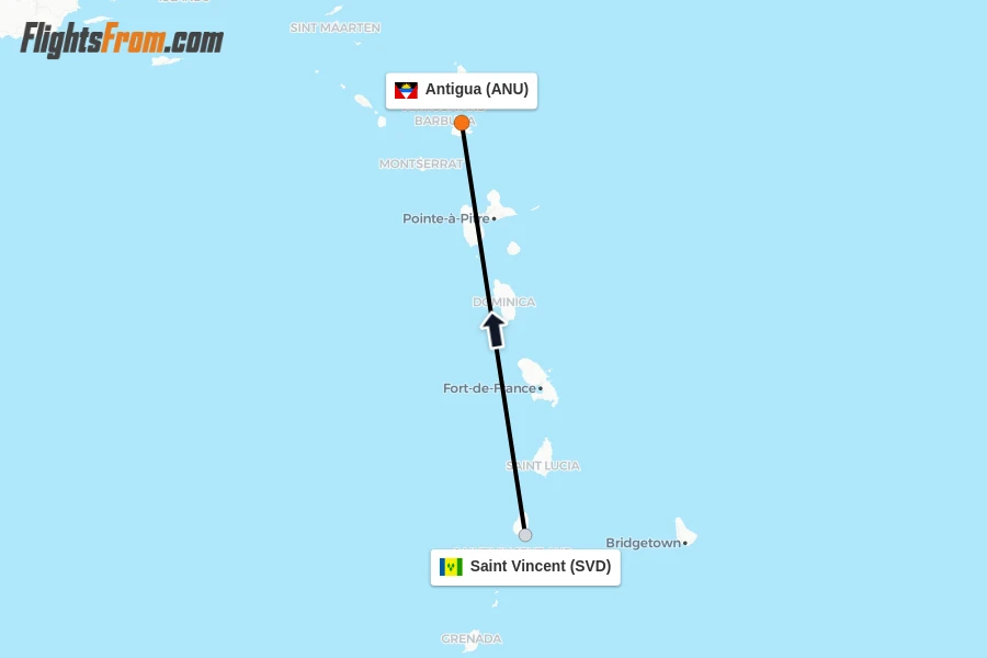 Flights from Saint Vincent to Antigua route map