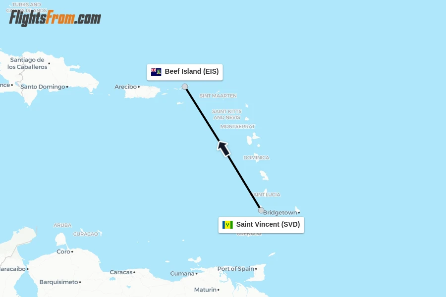 Flights from Saint Vincent to Beef Island route map