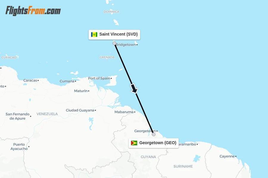 Flights from Saint Vincent to Georgetown route map