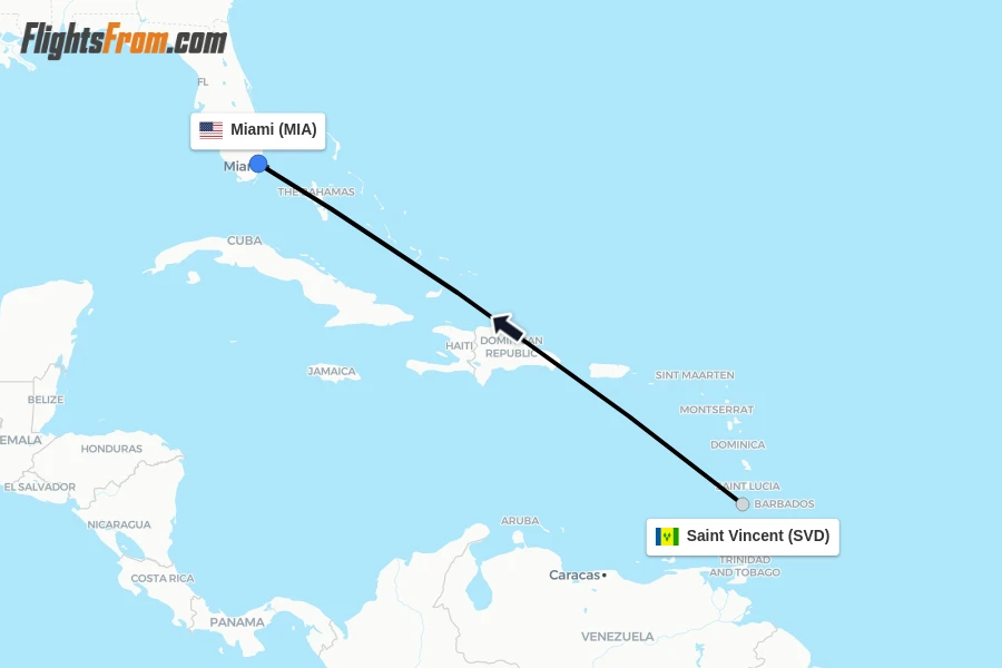 Flights from Saint Vincent to Miami route map
