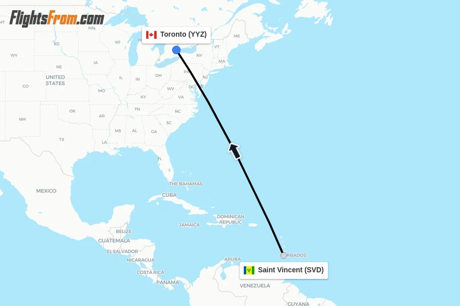 Flights from Saint Vincent to Toronto route map
