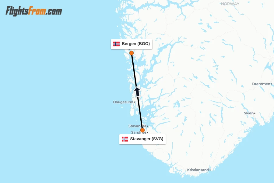 Flights from Stavanger to Bergen route map