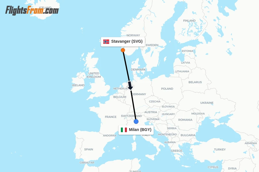 Flights from Stavanger to Milan route map