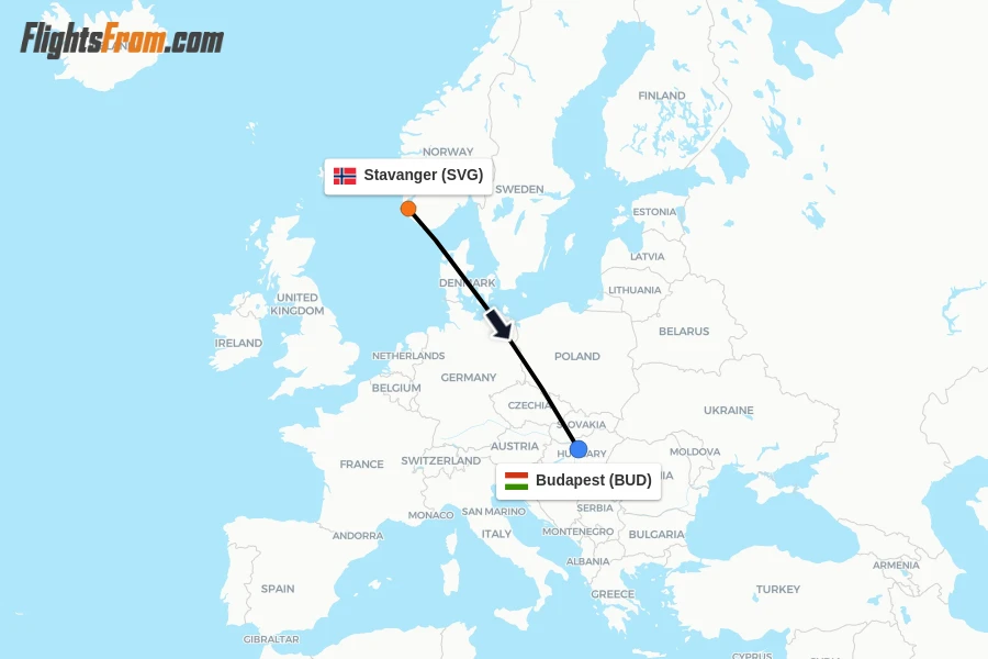 Flights from Stavanger to Budapest route map
