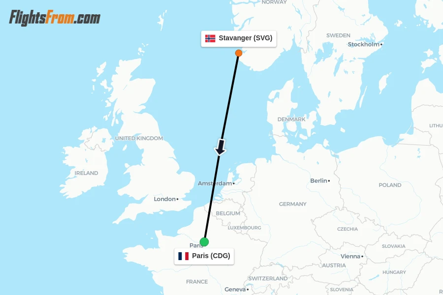 Flights from Stavanger to Paris route map