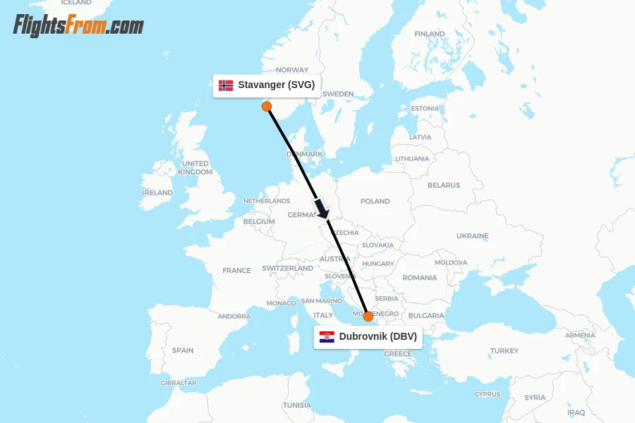 Flights from Stavanger to Dubrovnik route map
