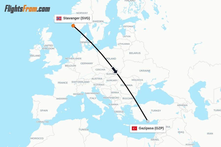 Flights from Stavanger to Gazipasa route map