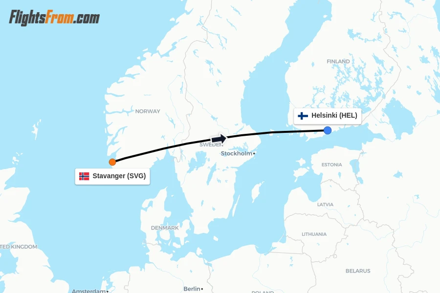 Flights from Stavanger to Helsinki route map
