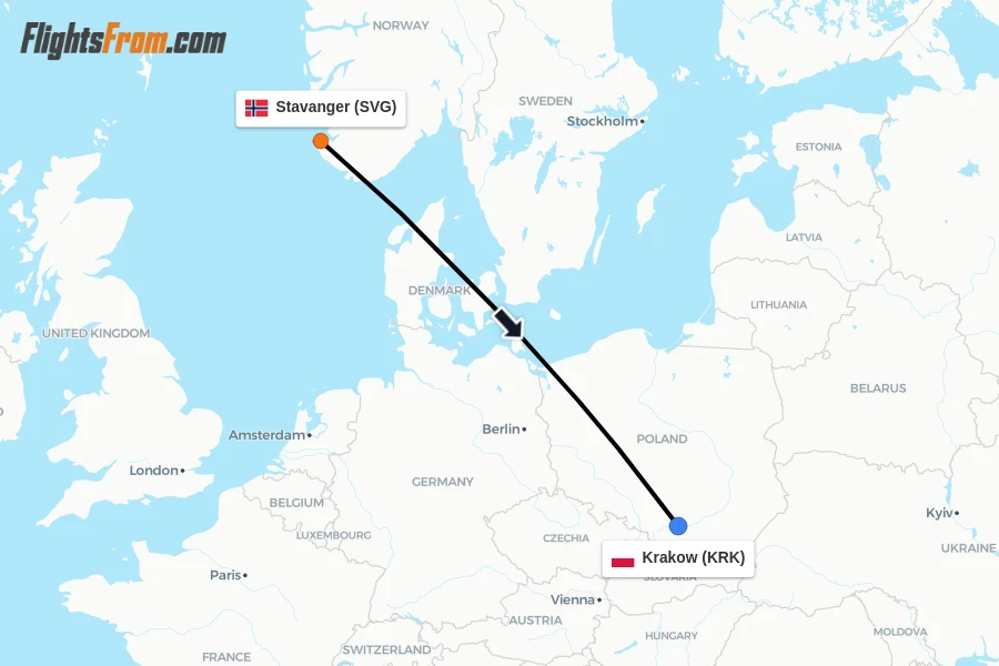 Flights from Stavanger to Krakow route map