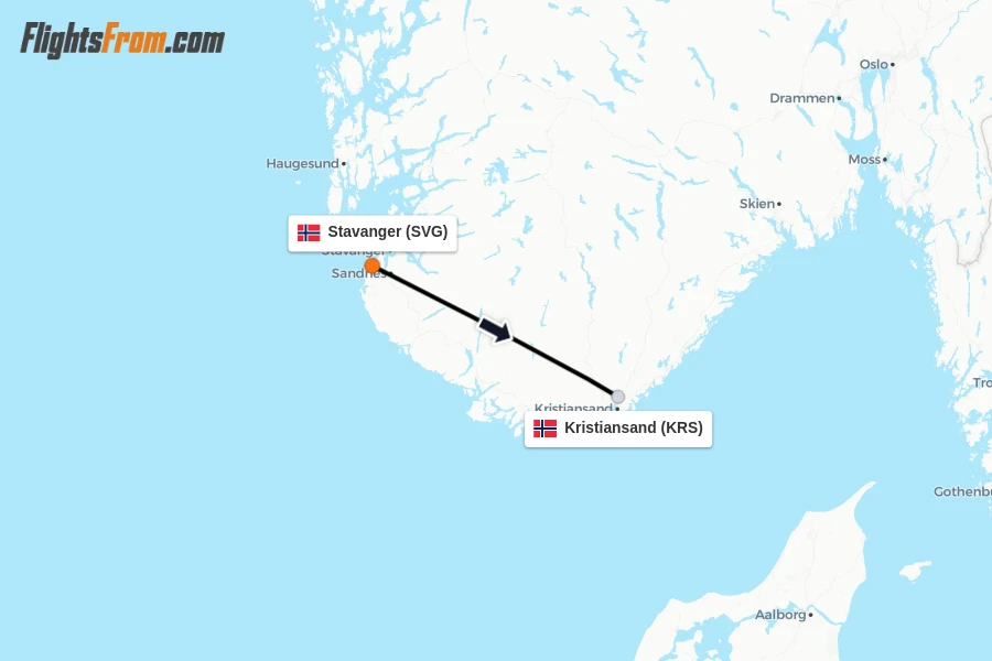 Flights from Stavanger to Kristiansand route map