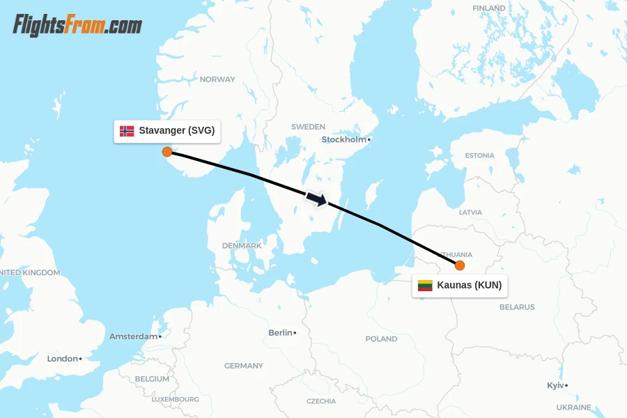 Flights from Stavanger to Kaunas route map