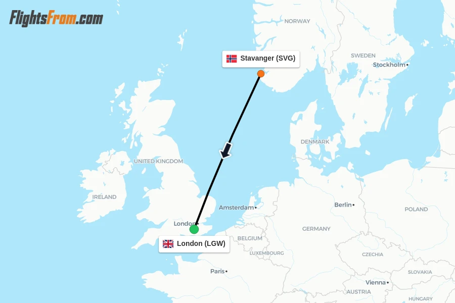 Flights from Stavanger to London route map