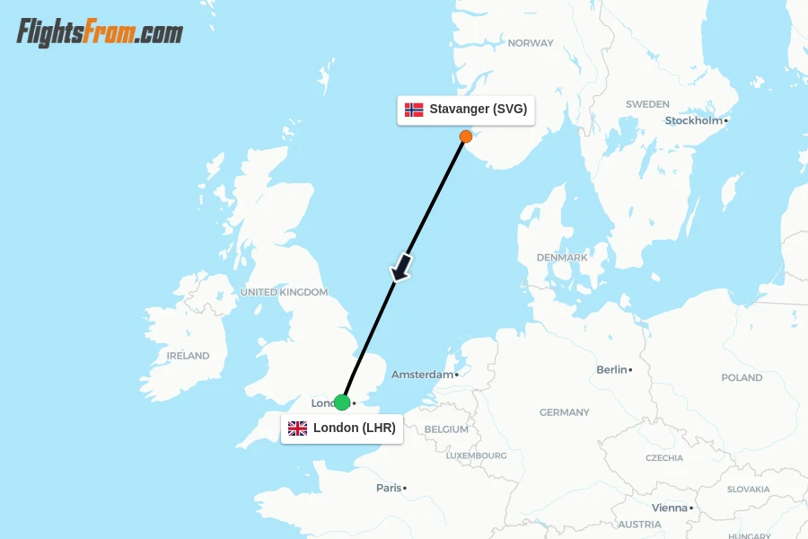 Flights from Stavanger to London route map