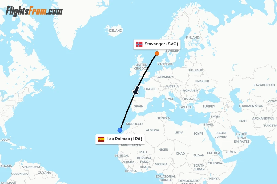 Flights from Stavanger to Las Palmas route map