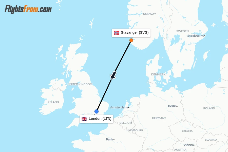 Flights from Stavanger to London route map
