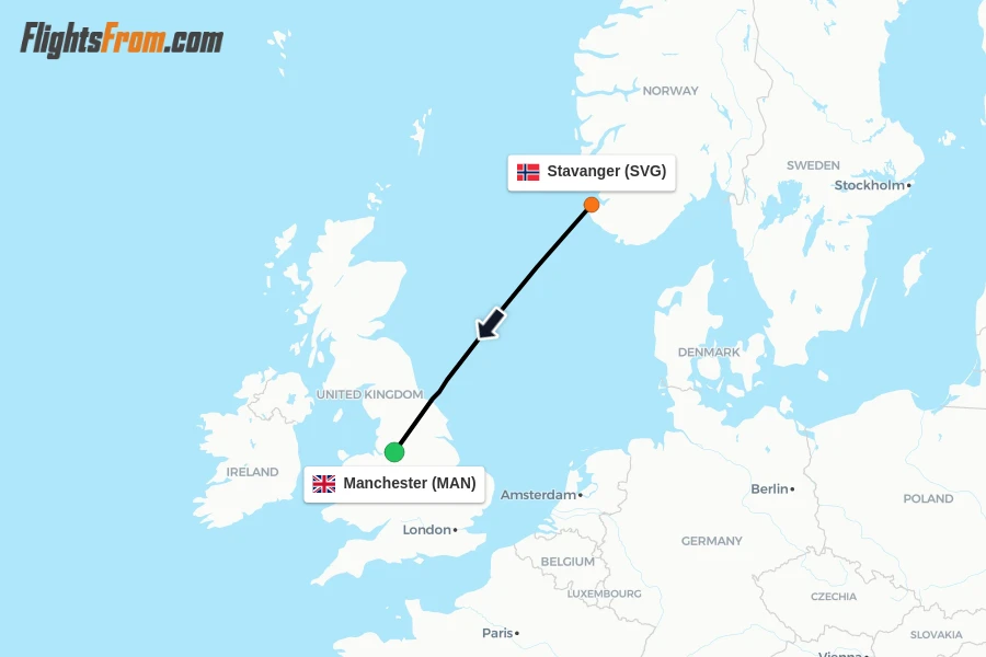 Flights from Stavanger to Manchester route map