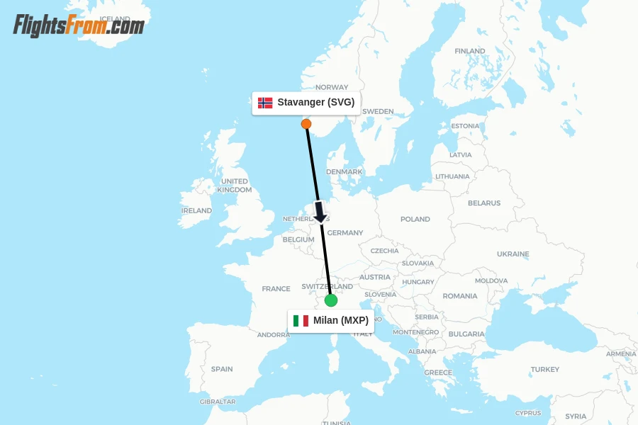 Flights from Stavanger to Milan route map