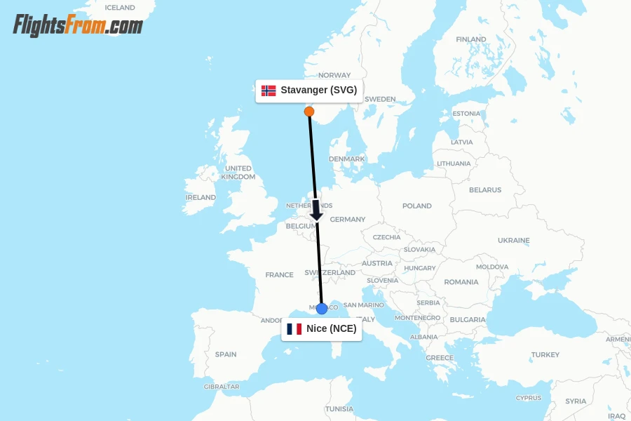 Flights from Stavanger to Nice route map