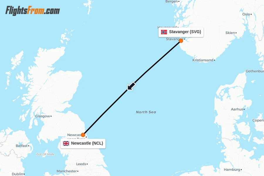 Flights from Stavanger to Newcastle route map