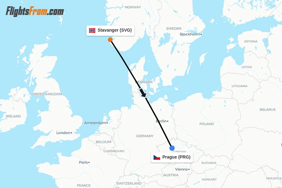 Flights from Stavanger to Prague route map