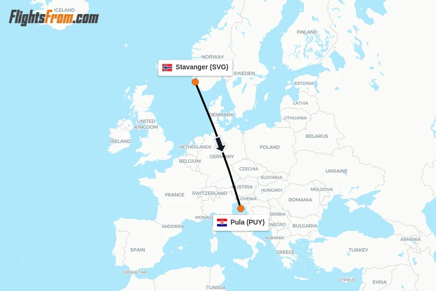 Flights from Stavanger to Pula route map
