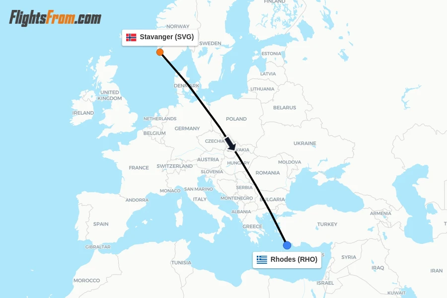 Flights from Stavanger to Rhodes route map