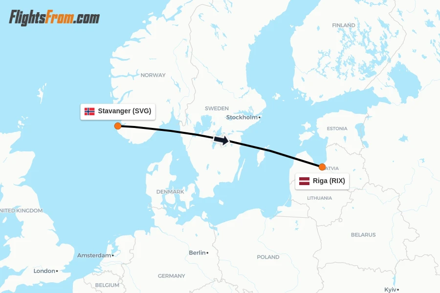Flights from Stavanger to Riga route map