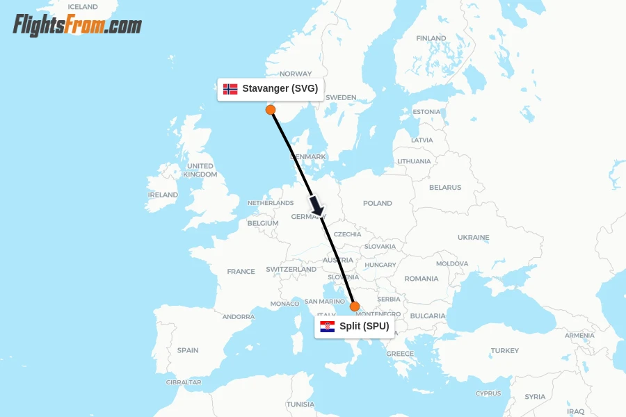 Flights from Stavanger to Split route map