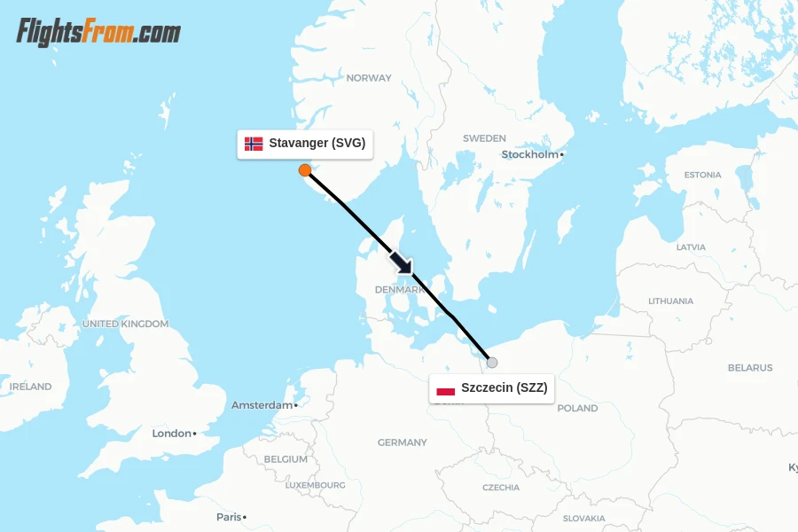 Flights from Stavanger to Szczecin route map