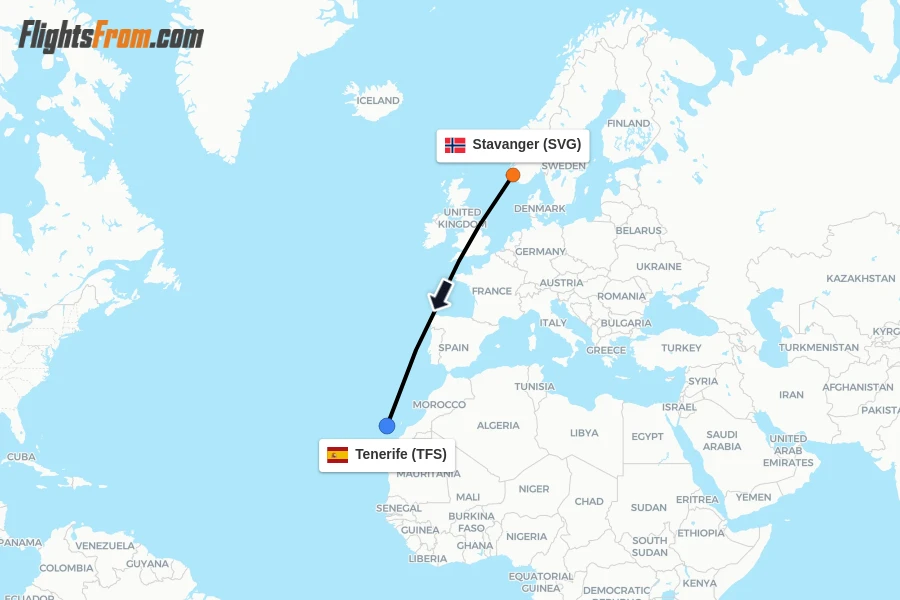 Flights from Stavanger to Tenerife route map