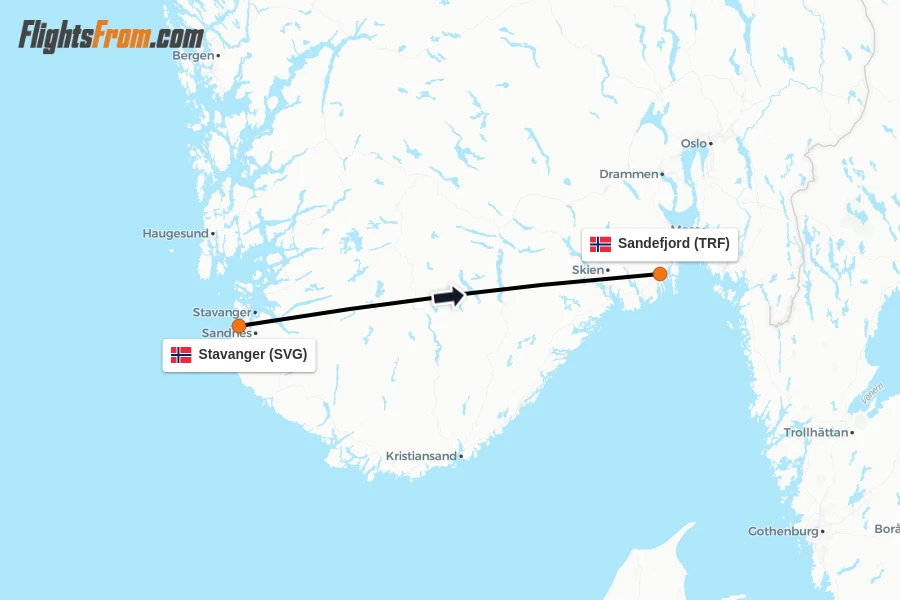 Flights from Stavanger to Sandefjord route map