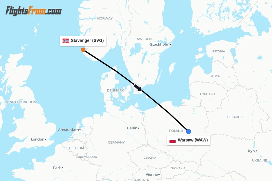 Flights from Stavanger to Warsaw route map