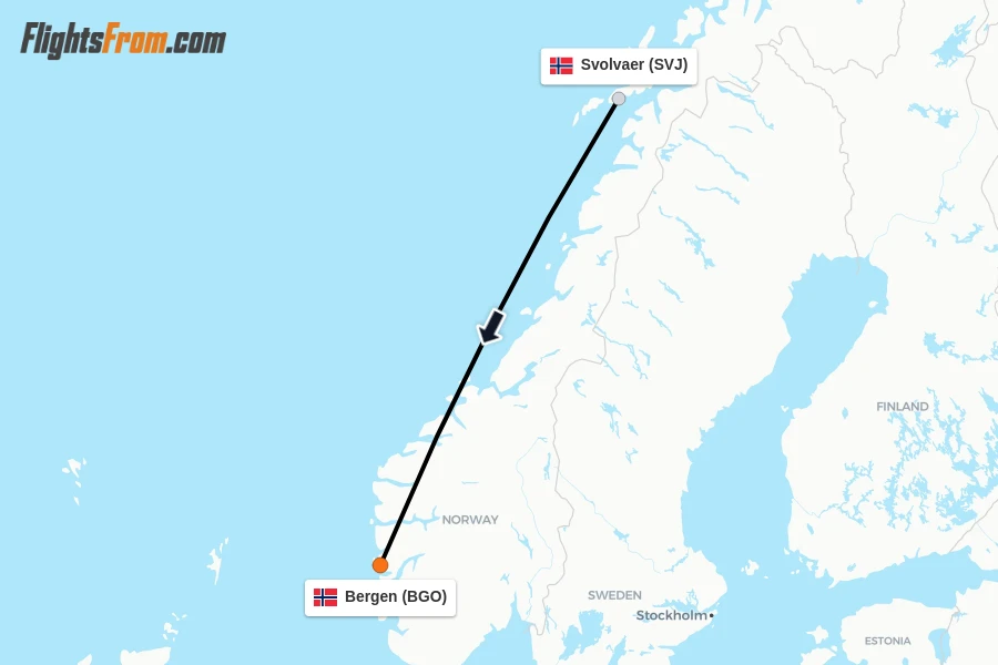 Flights from Svolvaer to Bergen route map