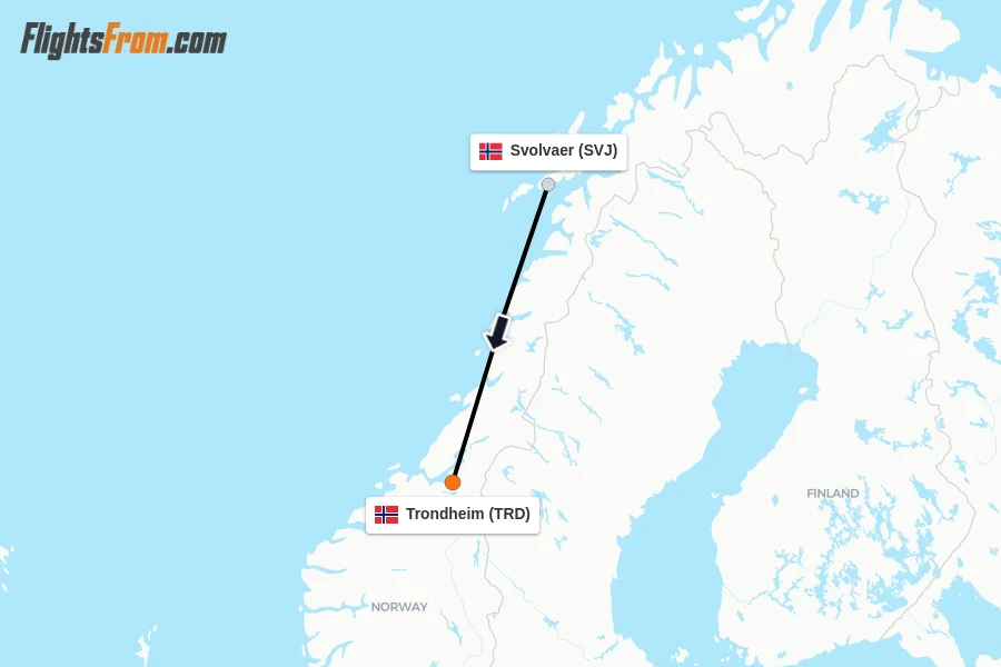 Flights from Svolvaer to Trondheim route map