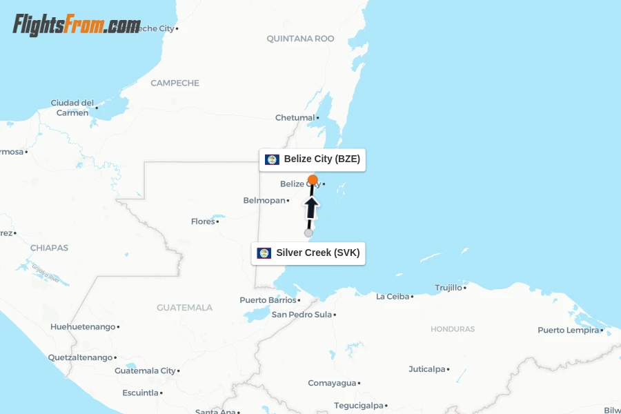 Flights from Silver Creek to Belize City route map