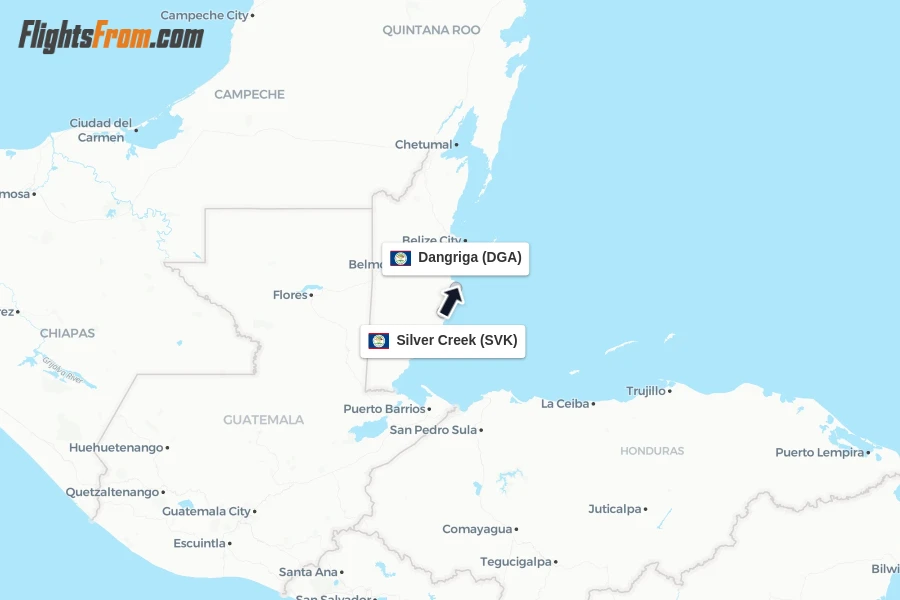 Flights from Silver Creek to Dangriga route map