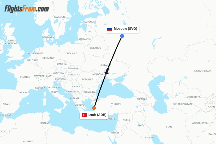 Flights from Moscow to Izmir route map