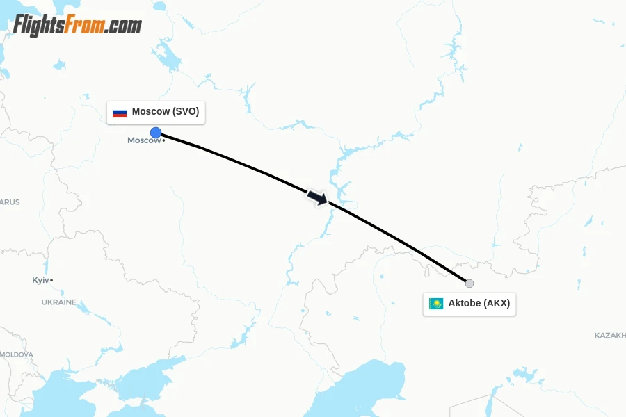 Flights from Moscow to Aktobe route map