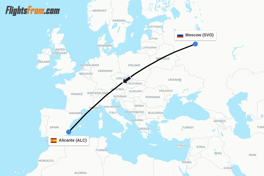 Flights from Moscow to Alicante route map